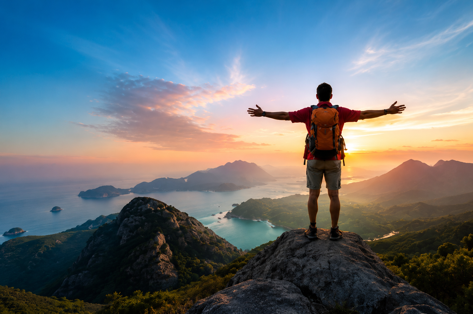 Traveller with arms spread on a mountain at sunset